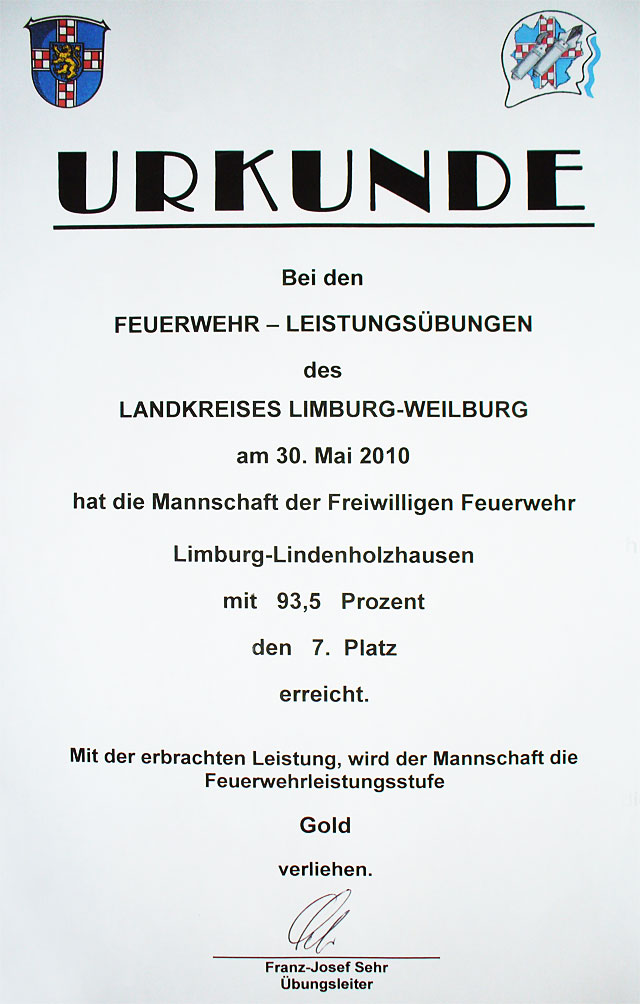 Die Urkunde der FF Limburg-Lindenholzhausen