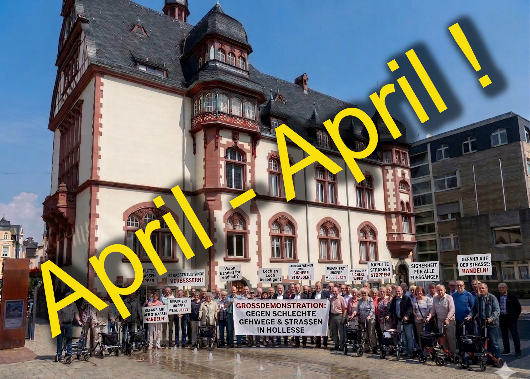 Ein Aprilscherz: Über 60 Lindenholzhäuser Bürgerinnen und Bürger demonstrierten heute am 1. April auf dem Europaplatz in Limburg wegen dem schlechten Zusatnd der Straße und Gehwege (erstellt mit KI Gemini)