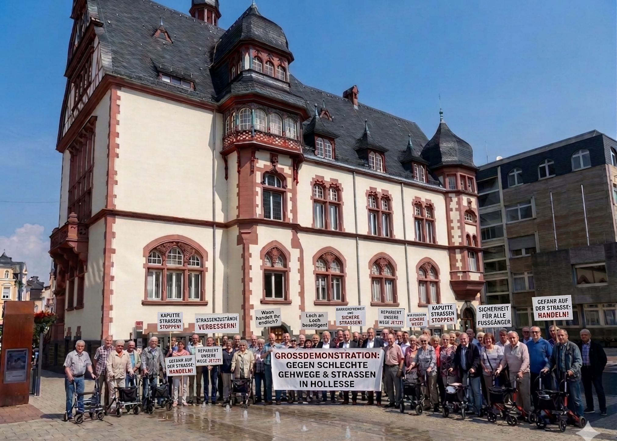Über 60 Lindenholzhäuser Bürgerinnen und Bürger demonstrierten heute am 1. April auf dem Europaplatz in Limburg wegen dem schlechten Zusatnd der Straße und Gehwege (erstellt mit KI Gemini)